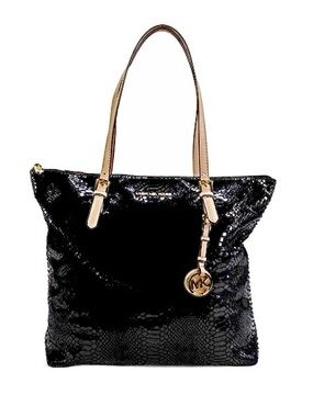 Michael Michael Kors Womens Embossed Python Zipped Tote Handbag Black NEW
